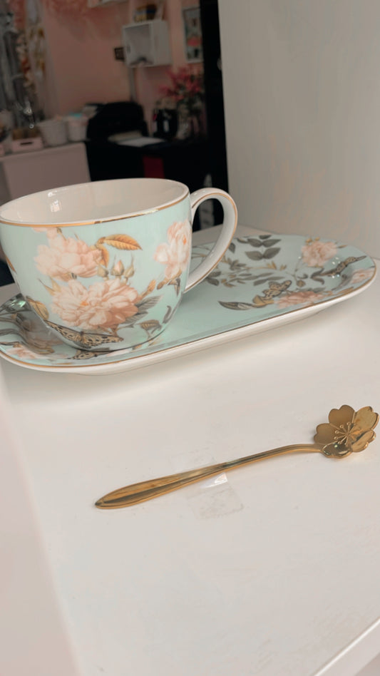 Taza + plato floral verde